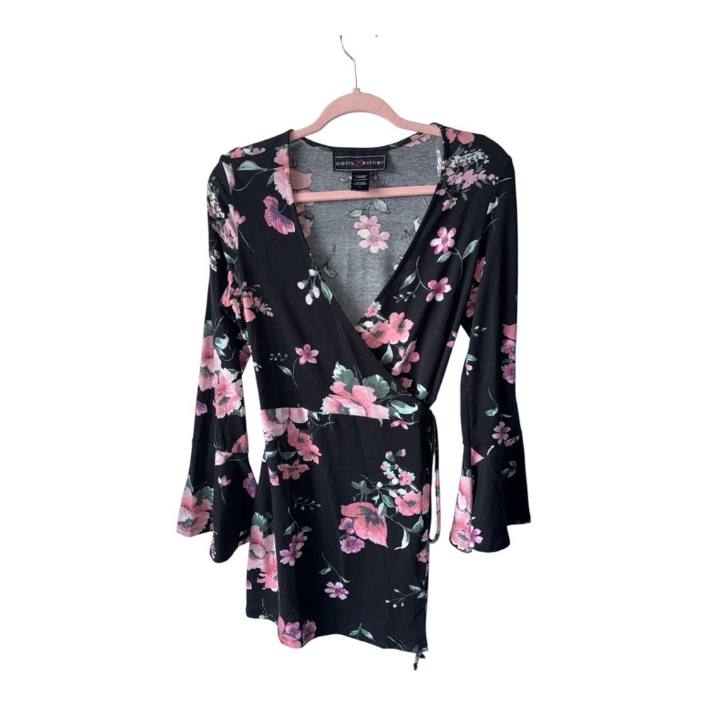 Polly Esther Black Floral Wrap Dress - Large - Picture 1 of 5